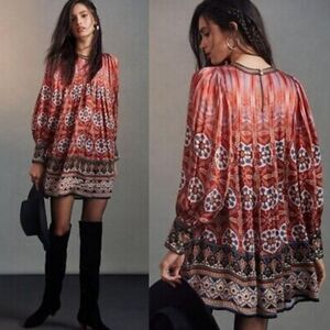 Anthropologie Red Orange Printed Boho Mini Dress